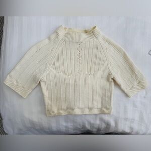 Free People Cream Ivory Cable Knit Open Back Cropped Short Sleeve Sweater Small